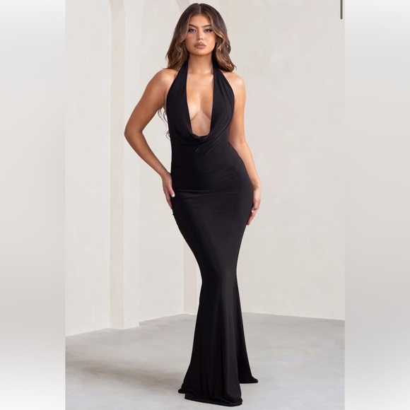 Club London- BLACK RUCHED COWL MAXI DRESS